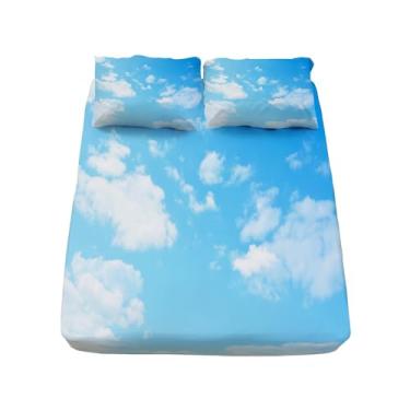 Imagem de Jogo de lençol solteiro macio, decorativo, nuvens, céu inteiro, elástico (40,6 cm), 4 peças, lençol de cima, azul para meninos e meninas, resistente a vincos
