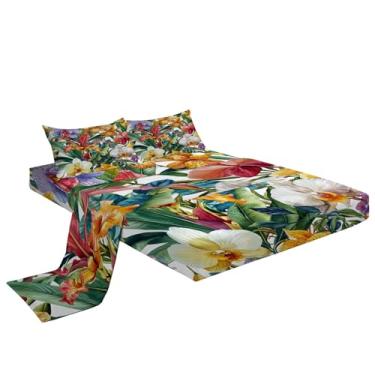 Imagem de Eojctoy Jogo de lençol solteiro - Lençóis de cama respiráveis ultra macios - Lençóis escovados de luxo com bolso profundo - microfibra aquarela tropical floral padrão de roupa de cama enrugado, cinza