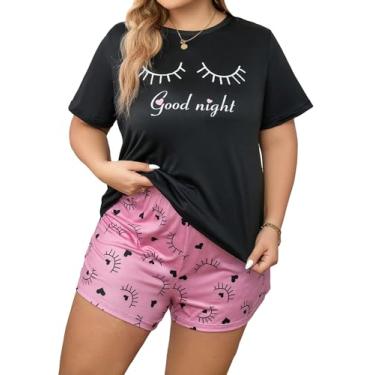 Imagem de OYOANGLE Conjunto de pijama feminino plus size, 2 peças, estampa xadrez, manga curta, camiseta e short, Preto e rosa, 5X-Large Plus