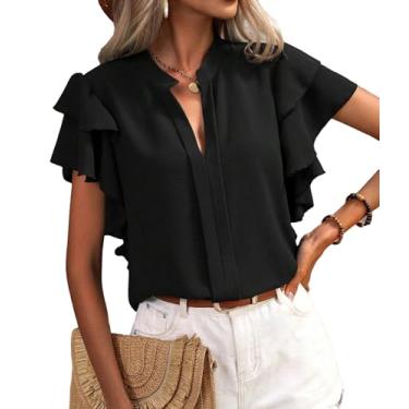 Imagem de MYCOLORBLUE Blusa feminina de verão de chiffon moderna com decote em V com babados e manga curta, Preto, P