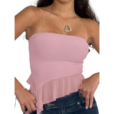 Imagem de Remidoo Blusa cropped feminina com babados e bainha assimétrica, sexy, de malha transparente, sem alças, Rosa coral, M