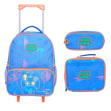 Imagem de Kit Mochila Rodinha Lancheira Estojo Bom Jogo Yins YS42192 (Azul)