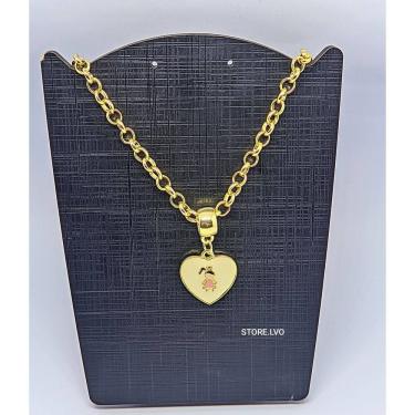 Imagem de Colar Filhos Corrente Elo Português Folheado Ouro com Pingente Coração Madrepérola Menina Menino Cordão Mães Presente