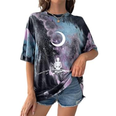 Imagem de SOFIA'S CHOICE Camisetas femininas grandes tie dye gola redonda manga curta casual verão, Caveira roxa e preta da lua, GG