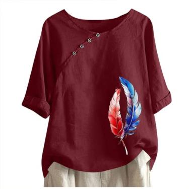 Imagem de Camiseta feminina 4th of July de linho, vermelha, branca e azul, plume, estampada, grande, manga curta, blusa de verão com botões, Vermelho, P