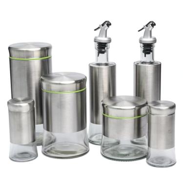 Imagem de Conjunto Galheteiro e Porta Condimentos 7 Peças em Vidro e Aço Inox com Suporte