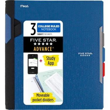 Imagem de Five Star Cadernos espirais avançados, 3 matérias, papel pautado universitário, 28 cm x 21 cm, 150 folhas, com protetor espiral e divisórias móveis, azul (73138)
