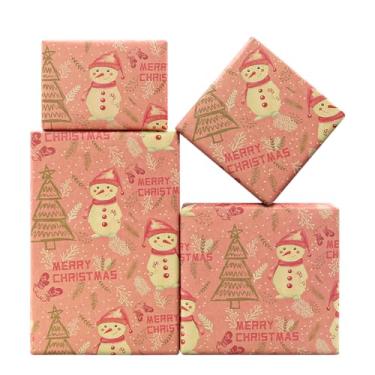 Imagem de Feliz boneco de neve doce em chapéus rosa cachecol árvore de Natal ouro quente luvas pequenos ramos brancos papel de embrulho de neve, (folhas planas de 4 folhas, 1 design: 50,8 x 71,1 cm por folha,
