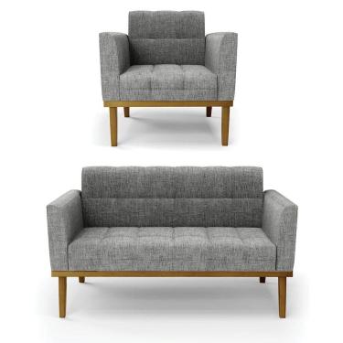 Imagem de Sofá Namoradeira E Poltrona Base De Madeira Castanho Elisa Linho D03 - D`rossi Cor A26 Grafite