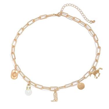 Imagem de Colar com pingente de ouro grosso para mulheres, colar com pingente de borboleta com pingente de cavalo de cereja e sol, colar com pingente de cavalo de caubói dourado, clipe de papel, colar