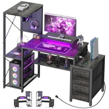 Imagem de Mesa de jogos pequena com 2 gavetas de tecido – mesa de computador reversível com tomada elétrica e luzes LED, mesa de escritório de 124 cm com suporte para monitor e prateleiras de armazenamento,