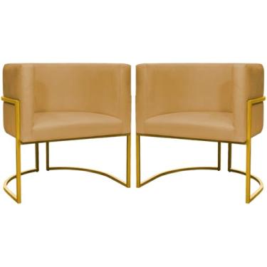 Imagem de Kit 2 Poltronas Decorativa Para Sala Cadeira Recepção Luna Suede Mostarda Base Dourada