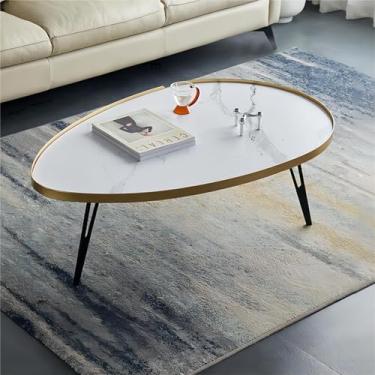 Imagem de Mesa de centro oval pequena com pernas de metal preto, mesa de centro moderna de meados do século, mesa de centro minimalista para sala de estar