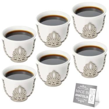 Imagem de Mirra 51 g Conjunto de 6 xícaras de café árabe turco com suportes prateados removíveis | Xícaras de café gregas árabes feitas à mão em porcelana branca | Juego de Tasas de Cafe