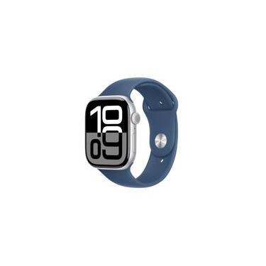 Imagem de Apple Watch Series 10 GPS + Cellular, Caixa Prateada de Alumínio de 46 mm, Pulseira Esportiva Denim, Tamanho M/G - MWY13AM/A
