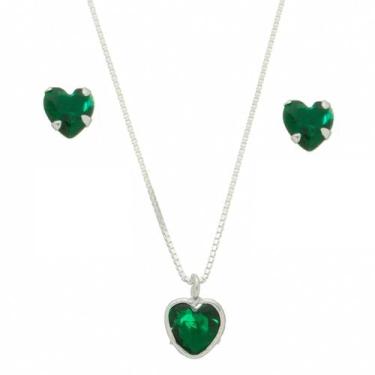 Imagem de Colar Prata 925 Feminino 40cm Pingente Coração Brinco Verde - DR Joias