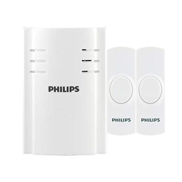 Imagem de Kit de campainha sem fio Philips, receptor plug-in, 2 botões de pressão, 8 melodias, 4 níveis de volume, 3,5 m, branco, DES2280W/27