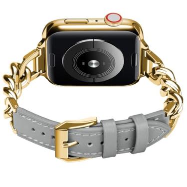 Imagem de ABNUSR Pulseira de couro compatível com Apple Watch de 49 mm, 45 mm, 44 mm, 42 mm, 41 mm e 40 mm com ligações de metal, pulseira de couro elegante para iWatch séries 9, 8, 7, 6, 5 e 4 e SE Ultra (42