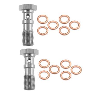 Imagem de X AUTOHAUX 2 peças de aço inoxidável M10x1.0 rosca turbo linha de freio parafuso banjo com arruelas de cobre parafuso banjo duplo 30 mm de comprimento