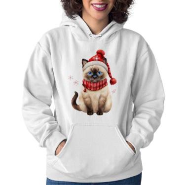 Imagem de Moletom Feminino Gato Natalino Gorro e Cachecol - Foca na Moda, Branco