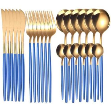 Imagem de Faqueiro 24 Peças  Aço Inox Dourado Cabo Slim Azul Bicolor Super Saldã