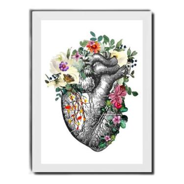 Imagem de Quadro Coração Flores Rosas Medicina Arte Na Moldura Branca - Fanarte