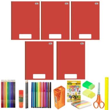 Imagem de Kit 5 Cadernos Grande Costurado Capa Dura Material Escolar Cores Neutr