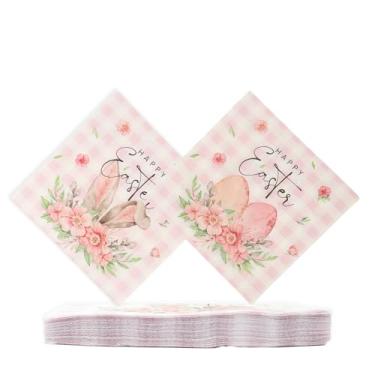 Imagem de hhdatc 20 guardanapos de Páscoa, coelhinho rosa, guardanapos de coquetel florais descartáveis para primavera, artigos de festa de Páscoa, decorações de mesa