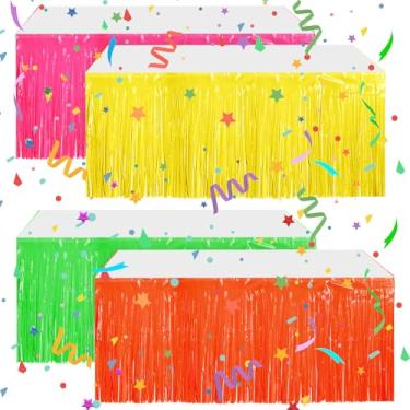 Imagem de VitalCozy 4 peças de saias de mesa neon metálicas com franja de folha de estanho para mesas retangulares 73 x 272 cm neon cortina de guirlanda de festa para decoração de Natal, casamento, festa de