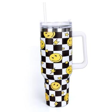Imagem de Whaline Copo One Happy Dude de 1,134 g com alça de canudo e tampa quadriculado rosto sorriso copo de viagem copo de café cara feliz para amigos lembrancinhas de festa de aniversário