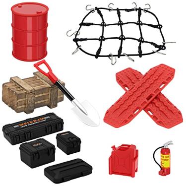 Imagem de GLOBACT 1/24 1/18 RC Crawler Accessories Car Roof Decoration Luggage Net, Recovery Board, Fire Extinguisher, Toolbox, Wood Box, Shovel for 1/18 TRX4M 1/24 Axial SCX24 Upgrade (12Pcs Black Red)