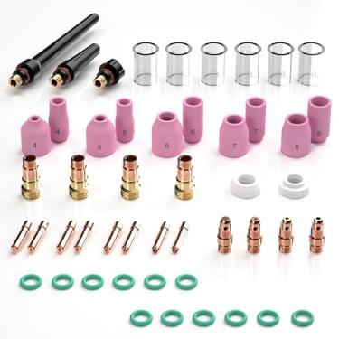 Imagem de 49 peças de acessórios de tocha de soldagem TIG, lente de gás resistente nº 10, kit de copo de vidro para tocha de soldagem WP-17 WP-18 WP-26 TIG, com pinças de cobre, lente de gás, copos de montagem,
