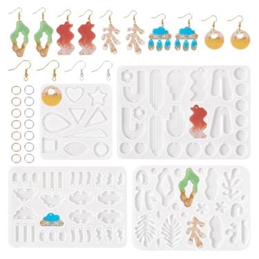 Imagem de Kit de moldes de resina de brinco, 4 peças, moldes de silicone com pingente de formato sortido com 40 peças de ganchos de brinco de latão, 60 peças de anéis de salto de ferro para brinco DIY