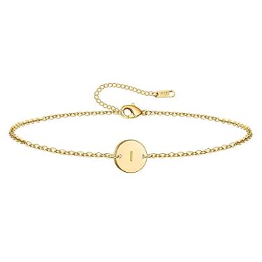 Imagem de Pulseiras com pingente inicial MOMOL, banhadas a ouro 18 K, banhadas a ouro, aço inoxidável, delicada, pequena, redonda, disco de moedas, pulseira com iniciais gravadas, letras com nome personalizado, bracelete para meninas Dourado