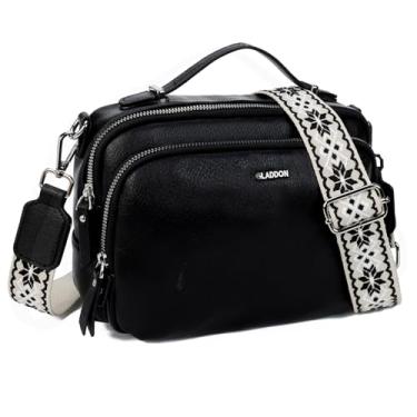 Imagem de GLITZALL Bolsa tiracolo com vários bolsos para mulheres, bolsa pequena com alça superior e cadernos médios com couro vegano macio, Alça larga preta, Medium, Casual