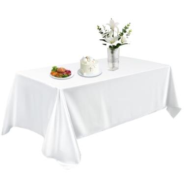 Imagem de KINREEB Toalha de mesa de cetim 147 x 260 cm, toalha de mesa retangular lavável, capa de mesa de tecido liso, decoração de mesa de seda brilhante para jantar, cozinha, festa, casamento, banquete,