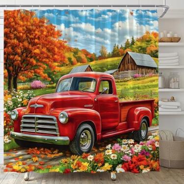 Imagem de ABONAN Cortina de chuveiro de caminhão vermelho vintage rústica fazenda fazenda oeste fazenda flores silvestres retrô carro antigo celeiro tecido americano conjunto de decoração de banheiro com