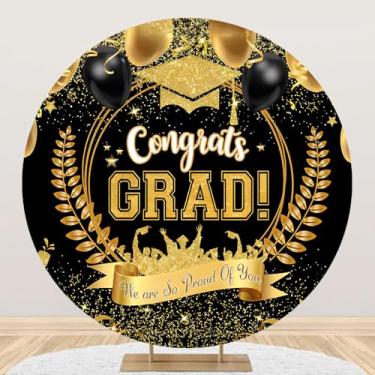 Imagem de Capa de fundo de arco redondo de graduação 2,2 m Congrats Grad Circle Arch Stand Cover pano de fundo preto dourado balão glitter classe de 2025 círculo escolar decoração de festa de pós-graduação