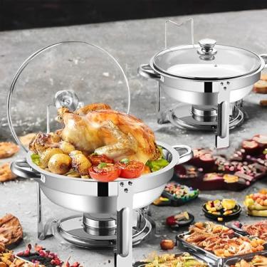 Imagem de Conjunto de buffet de pratos de fricção 2 unidades: chafer redondo de aço inoxidável de 5 litros para catering, conjunto de buffet de pratos redondos com tampas conjuntos de aquecedores de buffet para