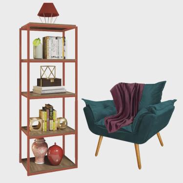 Imagem de Kit Poltrona Fatte com Manta Soft Bordô e Estante Livreiro Ferro Bronze mdf Caramelo Suede Azul Turquesa - Ahazzo Móveis