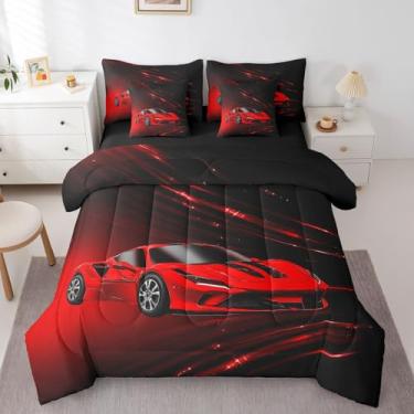 Imagem de Feelyou Conjunto de cama casal com carro de corrida vermelho, 7 peças, para crianças, adolescentes, adultos, velozes e furiosos, conjunto de cama ombré vermelho