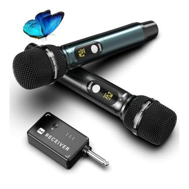 Imagem de Microfones sem fio, microfone profissional UHF duplo sem fio com alcance efetivo de 73 metros, taxa de transmissão de 3 ms, cabeça de microfone de captação de som de nível de estúdio, corpo de metal