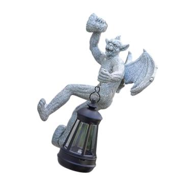 Imagem de IEUDNS Estátua do jardim de escultura de gárgula alada com iluminação de paisagem de lâmpada de monte de parede solar de parede solar para telhado Backyard, Cinza