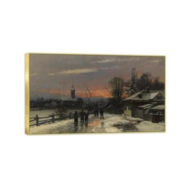 Imagem de BMZFYBS Pintura de parede em tela de paisagem, imagem de natureza-impressão em tela-caminhada de inverno para igreja-moldura dourada pôster e impressões para decoração de casa moderna 30x50cm12x20in