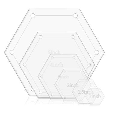 Imagem de 6 modelos hexagonais acolchoados de 2,5 cm, 3,8 cm, 5 cm, 7,6 cm, 10 cm, 12 cm para padrões de corte com réguas e modelos hexagonais de acrílico para acolchoar com costura de 1/10.2 cm