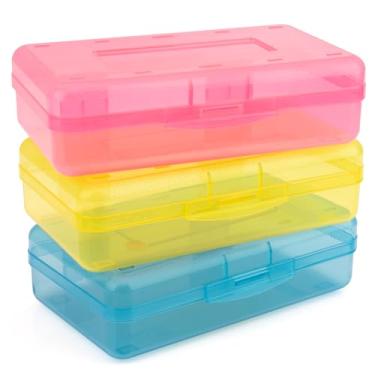 Imagem de Estojo de lápis, pacote com 3, caixa grande de plástico rígido, vermelho, amarelo, azul, transparente, com tampa de encaixe, suporte para marcador de giz de cera, bolsa organizadora de armazenamento