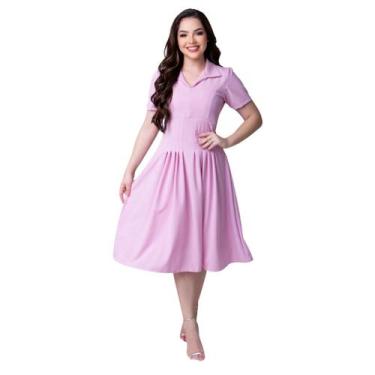 Imagem de Vestido Feminino Midi Rodadinho Manga Curta Gola Polo V Acinturado Cas