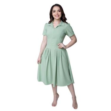 Imagem de Vestido Feminino Midi Rodadinho Manga Curta Gola Polo V Acinturado Cas