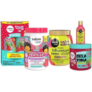 Imagem de Kit Morango Kids com Shampoo 300ml, Condicionador 200ml, Gelatina 550g, Creme para Pentear e Creme Multy 1Kg e Óleo 50ml