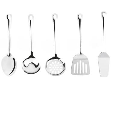 Imagem de Kit 5 Utensílios Para Cozinha 100% Aço Inox - Concha Escumadeira Colher Arroz Espatula Vazada E Bolo